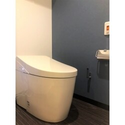 ネイビーのアクセントクロス・チャコールグレーのクッションフロアに合わせた巾木がトイレ本体をより一層かっこよく引き立てます。