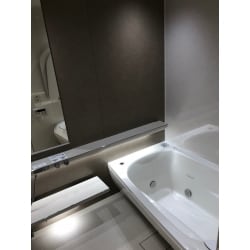 重厚感のある濃色のアクセントパネルや調色調光ライトで特別な雰囲気を楽しむことができる浴室と爽やかなくすみカラー色の組み合わせがお洒落なトイレのリフォームです。

