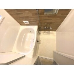 全体的に白を基調にブラウンの鏡面パネルに変更。窓からの自然光を反射し明るいバスルームになりました！！鏡面タイプはお手入れもしやすく、キレイが続く商品です。