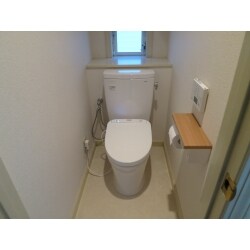 TOTOのトイレに交換、手洗い廻りが汚れやすいので、手洗い無しタイプに交換しました。紙巻器は小物置きや立ち座りのサポートとして使えるカウンター付き２連タイプに交換しました。