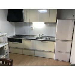 キッチンパネルを貼りシステムキッチンに交換しました。コンパクトで明るいキッチンになりました。