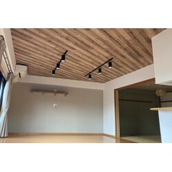 カフェ風の空間にしたくて、天井クロスと照明に特にこだわりました。
普通の照明ではなく、スポットライトにすることで、雰囲気のある空間に。
キッチンやお風呂もリビングの天井に合わせて木目を選択し、統一感を持たせました。
