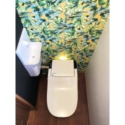 ２人の小さいお子さまと夫婦の４人家族。毎日子供たちと奮闘。子供たちはトイレもお構いなしに汚していく。そんな毎日とさよならするために泡のクッションで受け止める「ハネガード」のあるアラウーノをチョイス。
壁紙は悩みに悩んで選んだイエローとリーフのお洒落なデザイン。
子供たちの尿ハネを抑制しつつ、用を足すだけの空間が、汚れを抑えられ、お洒落なくつろぎ空間に様変わりしました。