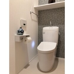 トイレの背面はアクセントになるようにモザイクタイルで仕上げました。他はホワイトで統一しています。清潔感のある明るいトイレに改修できました。
