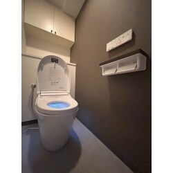 経年劣化に伴いグレードアップした商品を設置したい、とトイレのリフォームをお任せ頂きました。タンクレスタイプへの交換で見た目がすっきりとし、内装に合ったアクセサリーの選定でシックながらも暗すぎないテイストを目指しました。