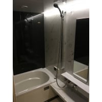 ライン照明が引き立つモノトーンの浴室