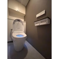 ダークブラウンのアクセントクロスとスマートな形状のトイレ