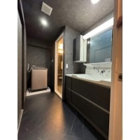 黒でまとめた収納たっぷりの洗面台