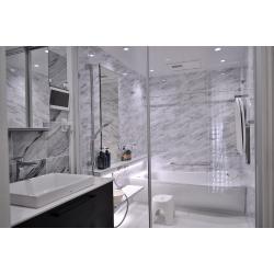 建具の圧迫感を解消し、景色を眺めながらより寛げるリビングへ。
浴室は透明ガラスを採用し開放感溢れる空間へと生まれ変わりました。