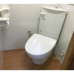 タンクも便座も斜めに配置することで、トイレスペースの圧迫感を解消しました。