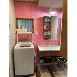 洗面台本体はすっきりとしたフロートタイプへ変更。
照明器具はお客様支給のものを使用し、壁紙はピンクでアクセントに。
全体的に大きく印象が変わりました。