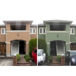 木造2×4構造2階建の1Ｋ4戸のおしゃれな建物です。右側の建物をライトグリーン、左側の建物をライトブラウンで外壁塗装しました。