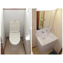 古くなったため、トイレの全面工事とボウル部分が割れてしまったため洗面化粧台の交換工事を行いました。