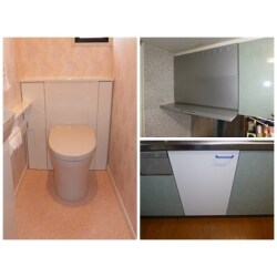 ピンクを基調とした温かみのある可愛らしいトイレです。便器と手洗い器はホワイトとホワイトグレー色になっております。
また、既存のキッチンに設置されていた食洗器を撤去し、新規で棚を設置しました。また、レンジフードの交換にはスッキリとしたデザインになる薄型のレンジフードを使用しました。
