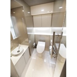 店舗用トイレです。全面ガラスのように反射する鏡面素材を取り入れ、光沢感が強く、清潔感溢れるトイレに仕上げました。