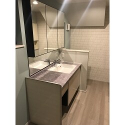 それぞれ独立した洗面室とトイレを間仕切り壁を取り払い一体化しました。
壁はアクセントクロスとエコカラットタイルで装飾しています。