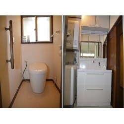トイレと洗面化粧室のリフォームです。トイレは備付の手摺の位置に注意を払いながら、壁クロス・床クッションフロアを張替えて、最新型のタンクレス便器を設置いたしました。洗面化粧室は、天井クロス・壁クロス・床クッションフロアを張り替えてから、間取りにあわせたコンパクトな洗面化粧台を設置いたしました。