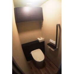 LIXILリフォレ 収納キャビネット付のトイレを採用する事で、スッキリとしたトイレに。
天井だけクロスに色を付けました。