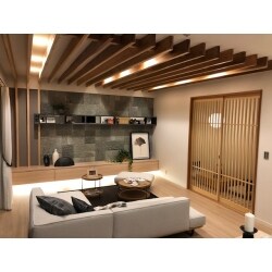 お客様が安らぐ空間にと、梁を見せ、それを間接照明で雰囲気を演出できるようなコンセプトでした。