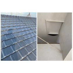 新築当初から設置してある屋根のトップライトから雨漏りが発生した為、雨漏りを止めて欲しいとのご相談を頂きました。補修しトップライトを残したとしても、今後紫外線などの劣化でいずれまた雨漏れする可能性がある事をご説明させて頂きました。そのうえで、トップライトをふさぎ、瓦をその部分に新しく葺いて、屋内側の天井部分にクロスを張る、というご提案をさせて頂きました。防水処置もスムーズに行うことが出来、仕上がりにご満足頂けました。