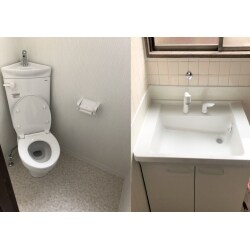 事務所のトイレ・洗面を来客用としても利用する為、新しい物に交換したいとのご相談を頂きました。既設のトイレは和式の為洋式へ、段差もなくしてフラットにしたい。洗面はなるべくコンパクトサイズのものにしたい。できれば、両方とも価格を抑えたものにされたいとのご要望でした。そこで、トイレは、空間を広くお使い頂けるように、コーナーを利用したタイプで設置位置もこだわり、洗面は、W600の最小サイズで、シンプルなタイプにしました。とても使いやすくなったと喜んで頂けました。