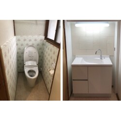 タイル張りの和式トイレを洋式に交換されたいとのご相談を頂きました。お掃除がしやすく、清潔に保てるものにしたいとのご要望でした。トイレの交換にともない、隣接する洗面も交換されると美しい空間になるので、ご検討されてはいかがでしょうか？とご提案させて頂きました。お施主様もご納得され、洗面の交換もさせて頂きました。