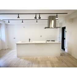 知人より譲り受けたお住まいの１階にキッチンを新設し、ゆったりと寛げるＬＤＫに間取り変更しました。隣接する和室との建具は障子からガラス戸にして空間に広がりを持たせました。ホワイトな空間のアクセントは、３本のブラックダクトレールとダウンライト。洗練されたホワイトの空間に仕上がりました。
