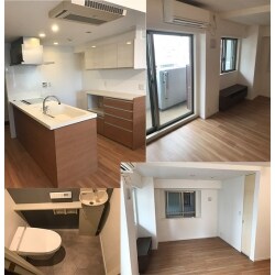 リビングや洗面・トイレの床は全体的に落ち着いたお色味に。キッチンをオープンタイプ、洋室との間仕切りをなくすことでLDKが一体感のある広々とした空間になりました。トイレはタンクレスにすることですっきり。手洗器付カウンターを付けてもゆったりできるスペースに。クロスを床と合わせることでモダンで落ち着いた雰囲気の空間になりました。