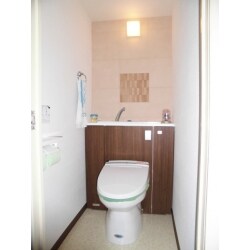 古い便器で照明や壁紙柄・クッションフロアも昔のまま、今回はデザイン性も考え、トイレ正面壁にエコカラットを使用し、手洗い収納カウンタータイプでデザイン性を高めました。便器裏のホコリ溜りの改善、清潔面とエコ対応を考えられました。