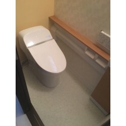 タンクレスタイプのトイレで、手洗いできる場所もつけました。