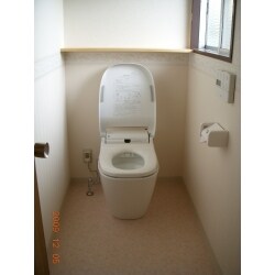 兼用便器のトイレから使い易く清潔な洋式トイレへのぷちリノベーションです。遊びに来たお孫ちゃんは和式が怖くて大変でしたがこれで安心、ひとりで入れます！
当該地区が下水道整備されたのに併せて福島市の融資制度も利用し浄化槽からの切替工事も行いました。