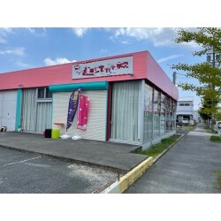 お店の上の部分をピンクにしてシャッター上部にポイントとして緑をいれ、とても目立ち可愛くホップな仕上がりになりました。