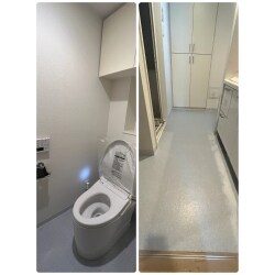 トイレ交換工事と併せて内装工事（天井・壁クロス張替、床クッションフロア・ソフト巾木張替）を行いました。また、ワンちゃんが洗面脱衣場の床をむしってしまったとの事でございました為、洗面脱衣場の床（クッションフロア・ソフト巾木）のみ併せて施工致しました。