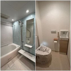 アクセントパネルの青みのあるお色にて、みずみずしさのある浴室空間になりました。トイレ本体はタンク幅が狭いものをご提案させていただくことで、おさまりがよくトイレ空間にゆとりができました。独立手洗い器設置の際、浴室壁の位置調整をおこないました。