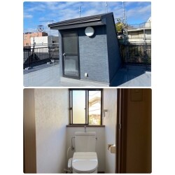 雨漏り診断による散水テスト（水かけテスト）の結果、屋上の塔屋の外壁・大屋根・塔屋周辺の防水から雨漏り箇所である２Fのトイレ内の天井と壁に水が噴出したため、屋上塔屋の外壁サイディング張り替え工事・大屋根上葺き（カバー工法）工事・塔屋周辺の防水工事・トイレ内の天井・壁・ベニア下地・クロス張り替え工事を行いました。