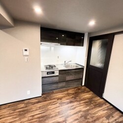 コンパクトなキッチンでカラーをグラセウッドチャコールにし、お部屋の内装と調和するインテリア性の高いキッチンになりました。