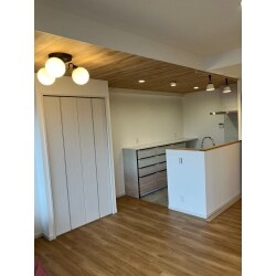 シンプルで使いやすいキッチンの完成。天井部を木目調にすることで素敵なアクセントとなりました。