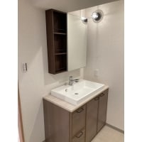 ブラウンでまとめた収納力のある洗面台