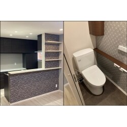 L型キッチンから対面式キッチンになり、解放感のある空間に。
トイレはアクセントクロスの採用でスタイリッシュな空間に仕上がりました。