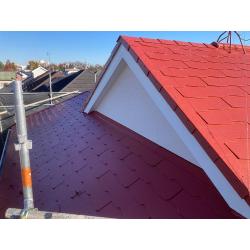 コロニアル屋根の初めての塗装工事になりました。高圧洗浄機で長年の汚れやコケを入念に除去して、しっかりと乾燥させてから遮熱用下塗り材を塗布して、その後、超低汚染遮熱塗料で塗装させていただきました。明るくイメージチェンジされました。