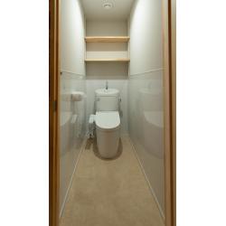 【シンプルで清潔感のあるトイレスペース】

明るく落ち着いた色合いでまとめた、シンプルで清潔感のあるトイレ空間です。
床と壁にはお手入れしやすい素材を採用し、日々の掃除も簡単に行えるように配慮しています。
便器上部には手洗い一体型タイプを設置し、限られたスペースでも機能的に使用できる設計です。
上部のオープン棚は、トイレットペーパーや小物収納に便利で、見た目にも温かみのある木の質感をプラスしています。
コンパクトながらも快適さと実用性を両立した空間に仕上げました。