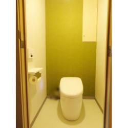 タンク有りからタンクレストイレに一新、空間が広がりました。クロス、クッションフロアーも新しく、グリーンのアクセントクロスが印象的な落ち着きある空間に仕上がりました。