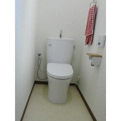 丸みをおびた凹凸の少ないトイレでお掃除も簡単になりました。白い壁と床になりトイレ全体が清潔感ある明るい空間になりました。高機能ウォシュレット、アプリコットを設置して清掃性や機能性も充実したトイレになりました。