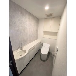 TOTOの「GG」を採用しました。このトイレは一見タンクレストイレに見えますが、実はタンクが内蔵されているので水圧問題はありません！シルエットが低く、奥行きもコンパクトなので、トイレが広くなりました。内装は、壁にアクセントを入れ、同系色で床材などを合わせました。スタイリッシュな空間に変わりました！！