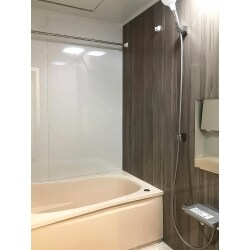 収納の少なさにお困りの施主様。
浴室はカウンターを無くし取り外しできる収納棚を付けることで洗い場スッキリ。
お掃除もラクラク、ベージュの浴槽で温かみのある空間に。
洗面台は三面鏡収納で収納力アップ。清潔感溢れる白のクロスで明るく、濃いめの木目でシンプルで落ち着いた雰囲気の洗面脱衣室に仕上がりました。
