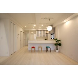 リビングからつながるキッチン部分は開放的で照明やスツールのコーディネートが楽しくなりそうな空間ができあがりました。