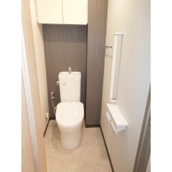 トイレ奥右側は排水立管を隠すため壁に出があり、タンクのスペースが狭くなっていて、設置できる商品が限られます。写真のタンクはスリム形状で、マンションのリフォーム用にとても重宝します。
