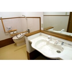 折り畳み式の肘掛が付いたトイレと車いす対応の洗面化粧台。