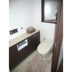 カウンターに使用した石材と、便器、床を同じ色で統一し、落ち着いた雰囲気のトイレになりました。