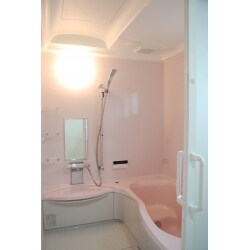 ピンクの壁と浴槽でとってもかわいいバスルームになりました。
戸は負担の少ない引き戸になっています。